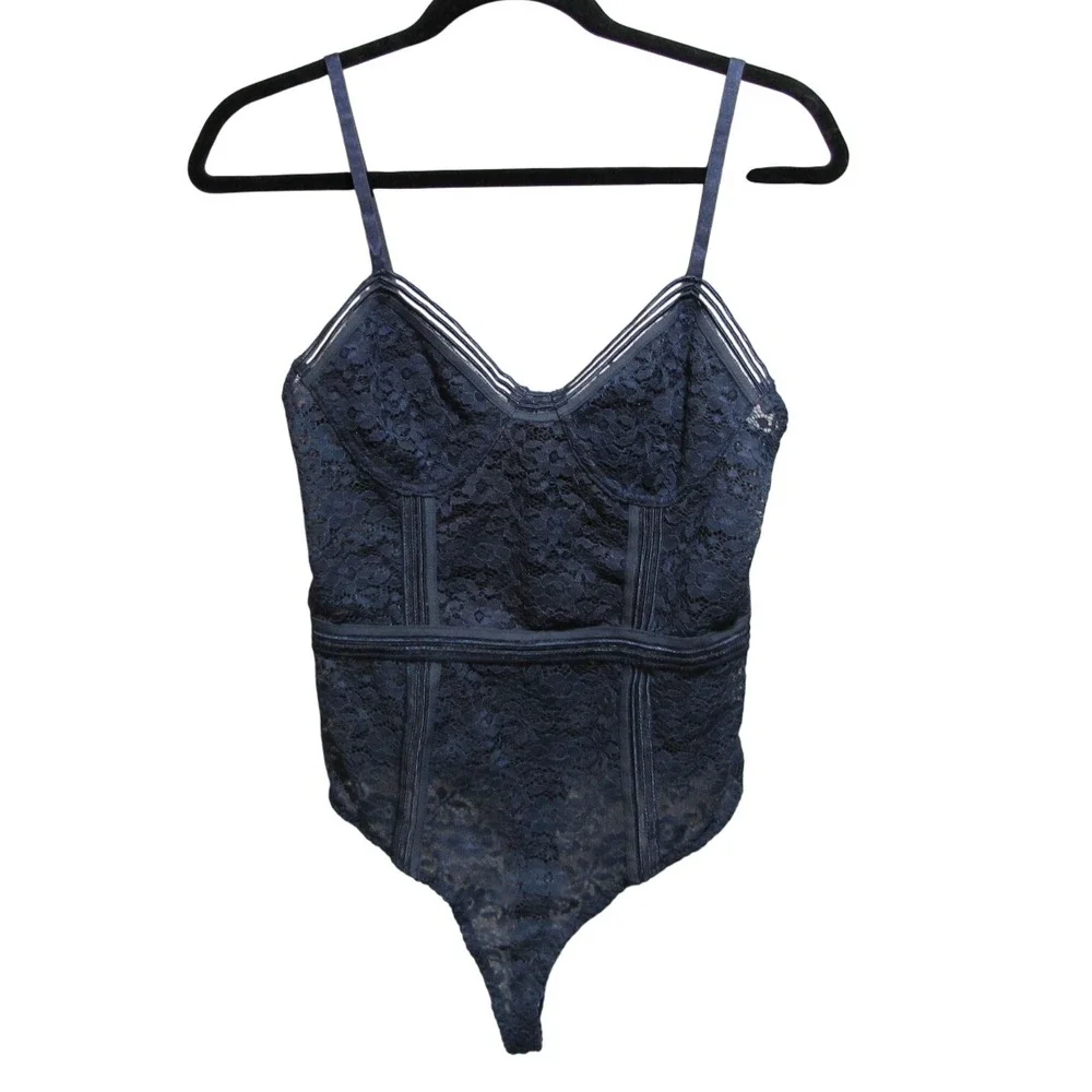 NWT Honey Punch Lace Bustier Teddy Bodysuit Navy Coquette Whimsygoth Y2K Size M